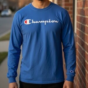 Champion Mens Long Sleeve Graphic T-Shirt Blue Script Logo Size Medium